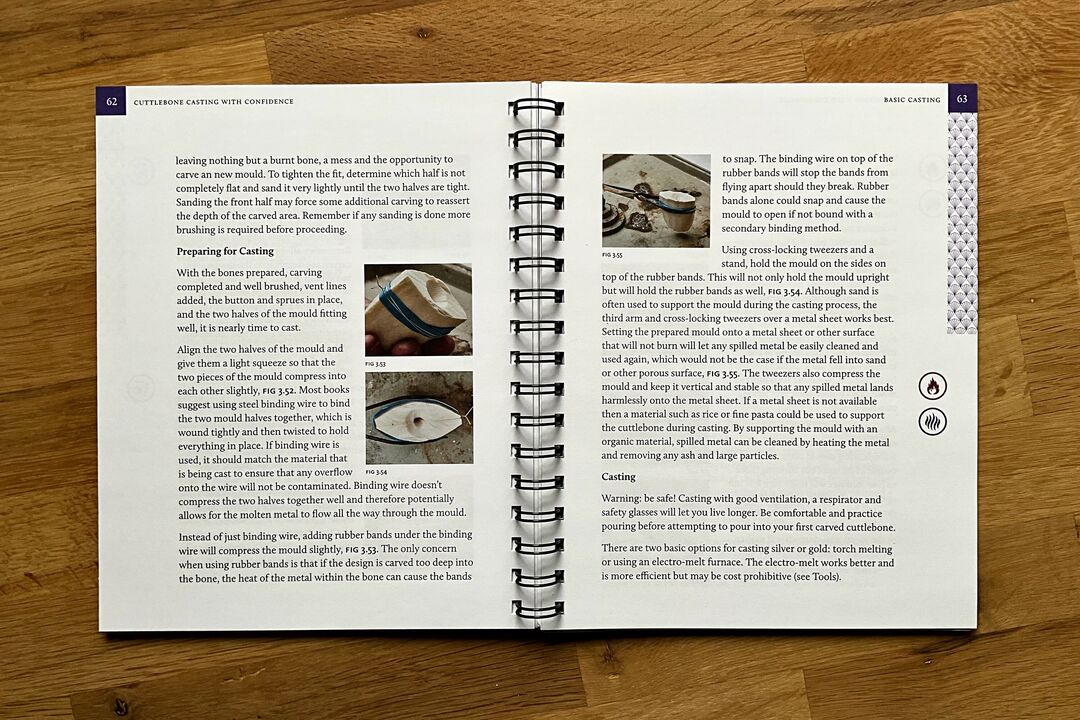 Spiral-bound book showing two pages with text and images of preparing materials for cuttlebone cast jewellery.