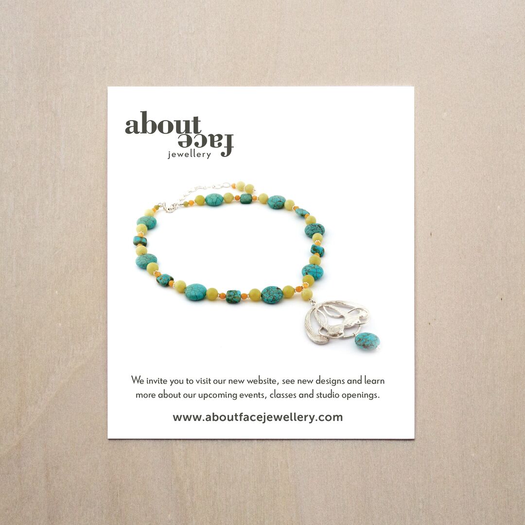 Aboutface Jewellery art card featuring beautiful necklace with cuttlebone cast pendant and semi-precious stones