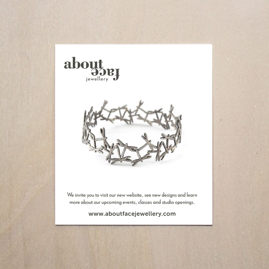 Aboutface Jewellery art card featuring beautiful bracelet of interlocking cuttlebone cast silver dancing dragonflies